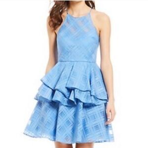 Belle Badgley Mischka Blue Diamond Halter Ruffle Mini Cocktail Dress Small 4 NWT